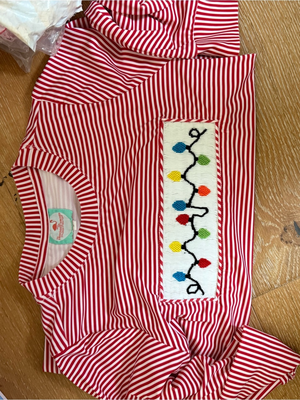 Girls Red & White Striped Long Sleeve Top with Holiday Light Embroidery